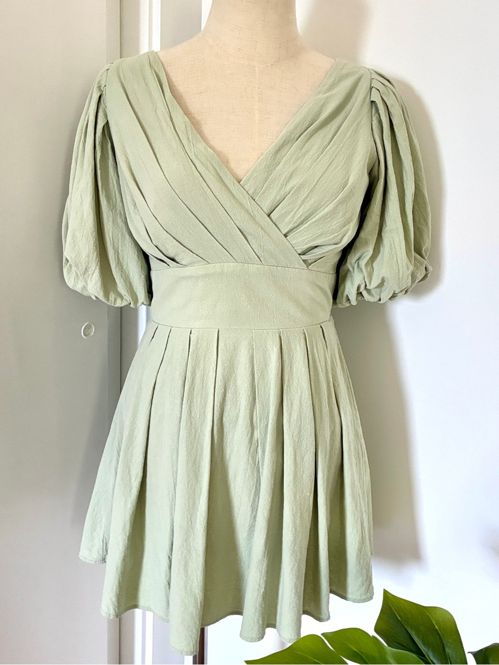 Light Sage Puff-Sleeve V-Neck Mini Dress